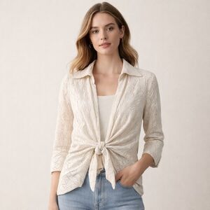 Finley Shirt Womens Small White Eyelet Cotton Tie Front 3/4 Sleeve Boho